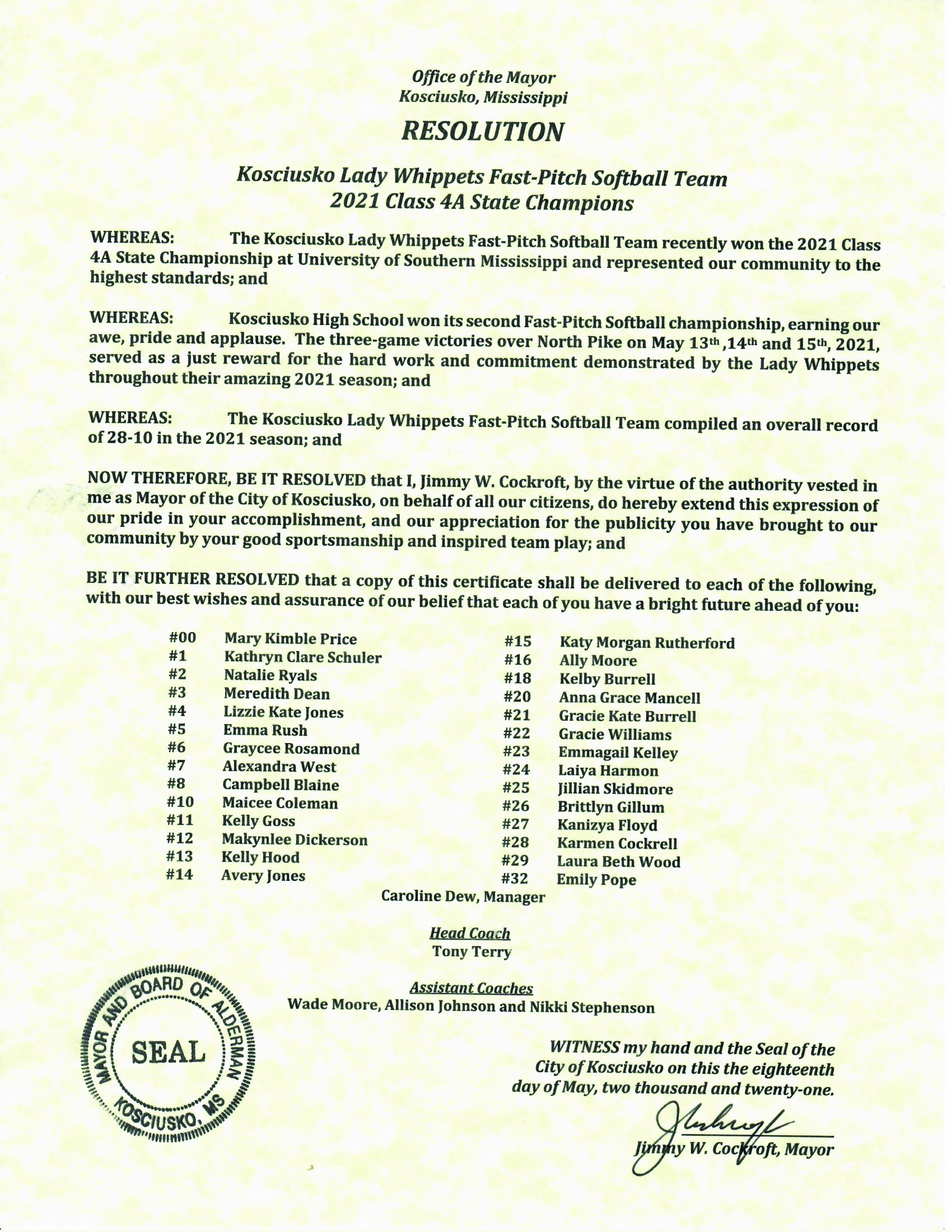 2021 resolution softball state champs