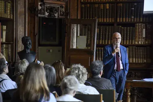 Milan’s Brera Painting Gallery Director Angelo Crespi, who took over in February as part of moves by the far-right-led government to put Italians at the head of key cultural institutions, speaks during a press conference to announce the opening of the Brera Modern in Milan, northern Italy, Monday, July 8, 2024. The new museum just a few doors from Milan’s Brera Painting Gallery will house more than 100 contemporary art works that belong to Brera’s collection that have mostly been relegated