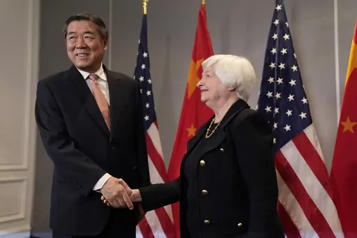 Treasury Secretary Janet Yellen, right, greets Chinese Vice Premier He Lifeng Thursday, Nov. 9, 2023, in San Francisco. Yellen and Lifeng are meeting in San Francisco on Thursday to start two days of talks aimed at making progress on a slew of economic issues when competition has markedly intensified between their countries. (AP Photo/Eric Risberg)
