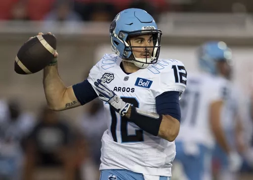 FILE -Toronto Argonauts quarterback Chad Kelly (12) throws against the Montreal Alouettes during the first half of a Canadian Football League game in Montreal, Friday, Sept. 15, 2023. The Canadian Football League is investigating allegations in a lawsuit filed by a former Toronto Argonauts strength and conditioning coach against the club for wrongful dismissal and quarterback Chad Kelly for alleged violations of the Ontario Human Rights Code. (Christinne Muschi/The Canadian Press via AP, File)
