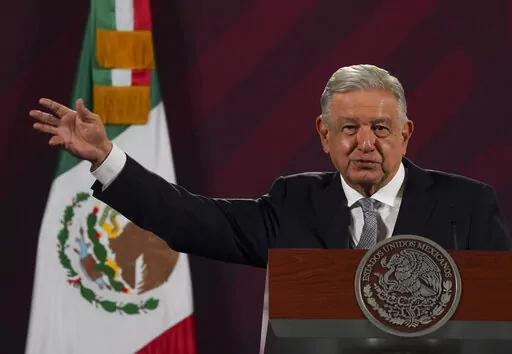 Mexican President Andres Manuel Lopez Obrador gives his regularly scheduled morning press conference at the National Palace in Mexico City, Tuesday, Feb. 28, 2023. (AP Photo/Marco Ugarte)