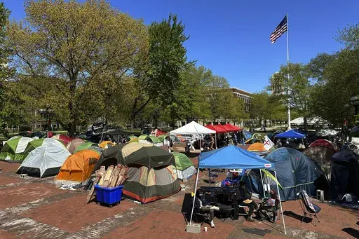 Dozens of tents were in place as part of a pro-Palestinian protest at the University of Michigan in Ann Arbor, Mich., on Thursday, May 2, 2024. (AP Photo/Ed White, File)