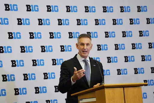 Tony Petitti is introduced as the Commissioner of the Big Ten Friday, April 28, 2023, in Rosemont, Ill. The Big Ten plans to stick with a 20-game conference schedule for men’s basketball and an 18-game schedule for women’s basketball when the league expands to 18 teams next year. The league also announced that 15 of the 18 members will qualify for the Big Ten men’s and women’s basketball tournaments once Southern California, UCLA, Oregon and Washington arrive from the Pac-12. (AP Photo/D