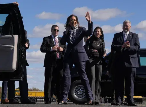 Democratic presidential nominee Vice President Kamala Harris, arrives at Trenton-Mercer Airport, in Mercer County, New Jersey, Oct. 16, 2024, en route to a campaign rally in Pennsylvania. (AP Photo/Jacquelyn Martin, file)