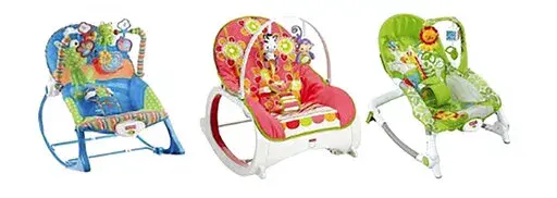 This photo provided. by Consumer Product Safety Commission shows Fisher-Price Infant-to-Toddler Rocker, left and center, and Fisher-Price Newborn-to-Toddler Rocker, right. The U.S. Consumer Product Safety Commission (CPSC) and Fisher-Price are alerting consumers to at least 13 reported deaths between 2009 and 2021 of infants in Fisher-Price Infant-to-Toddler Rockers and Newborn-to-Toddler Rockers. Rockers should never be used for sleep and infants should never be unsupervised or unrestrained in 