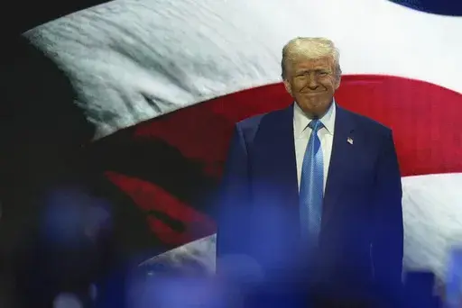 President Donald Trump arrivals at the Future Investment Initiative (FII) Institute summit in Miami Beach, Fla., Wednesday, Feb. 19, 2025. (AP Photo/Rebecca Blackwell)