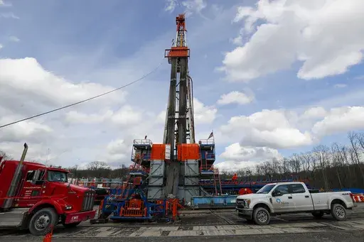 Work continues at a shale gas well drilling site in St. Mary's, Pa., March 12, 2020. Facing the need to win Pennsylvania, Vice President Kamala Harris has sworn off any prior assertion that she opposed fracking. But that hasn't stopped Republican presidential candidate former President Donald Trump from wielding her now-abandoned position as to win over working-class voters in the key battleground state where the industry means jobs. (AP Photo/Keith Srakocic, File)