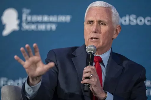 Former Vice President Mike Pence speaks at the Federalist Society Executive Branch Review conference, Tuesday, April 25, 2023, in Washington. (AP Photo/Alex Brandon)
