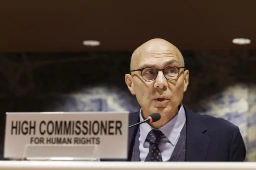 U.N. High Commissioner for Human Rights Volker Türk speaks at the European headquarters of the United Nations in Geneva, Switzerland, Thursday, Nov. 16, 2023. The U.N. human rights office says in a report published Friday, March 8, 2024, that the establishment and expansion of Israeli settlements in the West Bank and east Jerusalem amount to a war crime. (Salvatore Di Nolfi/Keystone via AP, File)