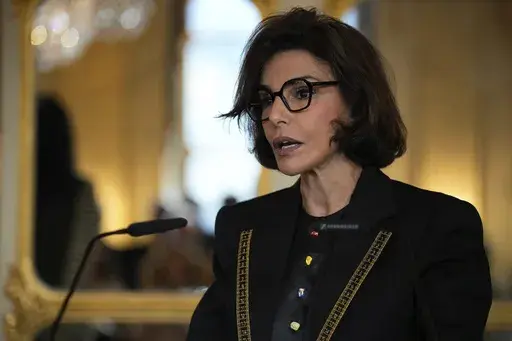 French Culture Minister Rachida Dati delivers a speech at the Culture ministry in Paris, Sept. 26, 2024. (AP Photo/Louise Delmotte, file)