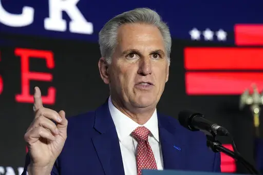 House Minority Leader Kevin McCarthy of Calif., speaks at an election event, Nov. 9, 2022, in Washington. The results of the midterm election are raising questions about the future of American support for Ukraine. McCarthy warned last month that his party wouldn't support writing a "blank check" for Ukraine if it captured the House majority. (AP Photo/Alex Brandon, File)