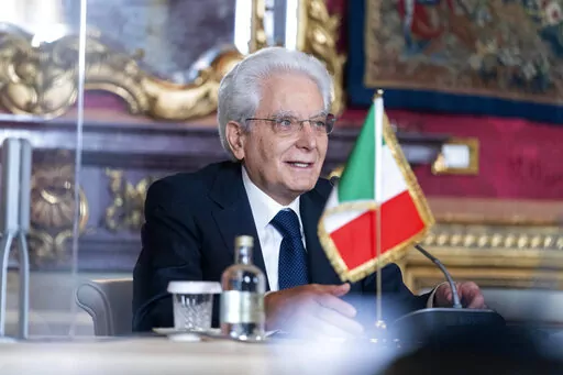 FILE  - Italian President Sergio Mattarella speaks during a meeting with Secretary of State Antony Blinken at Quirinale Palace in Rome, Monday, June 28, 2021. Mattarella has been elected to a second seven-year term as the country’s head of state, ending days of political impasse as party leaders struggled to pick his successor. Earlier on Saturday, lawmakers entreated Mattarella, 80, who had said he didn’t want a second mandate, to change his mind and agree to reelection by lawmakers in Parl