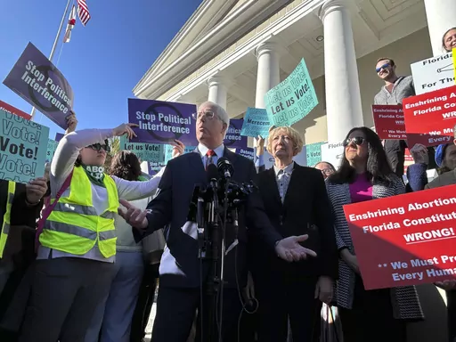 Liberty Counsel founder and Chairman Mathew Staver speaks to reporters in front of the Florida Supreme Court after telling justices a proposed amendment to protect abortion rights should be kept off the ballot on Wednesday, Feb. 7, 2024, in Tallahassee, Fla. (AP Photo/Brendan Farrington)