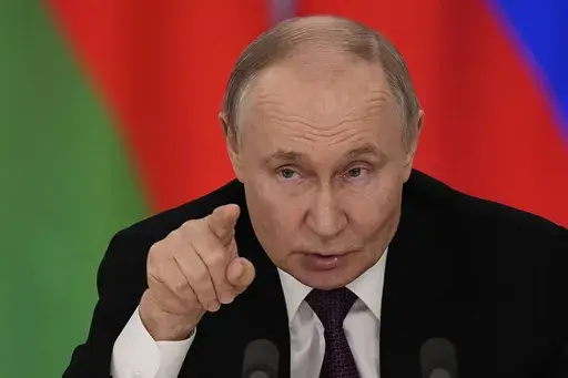 Russian President Vladimir Putin speaks during a joint news conference with Belarusian President Alexander Lukashenko following their talks at the Grand Kremlin Palace in Moscow, Russia, Thursday, March 13, 2025. (AP Photo/Alexander Zemlianichenko)