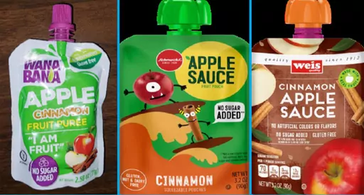 This image provided by the U.S. Food and Drug Administration on Thursday, Nov. 17, 2023, shows three recalled applesauce products - WanaBana apple cinnamon fruit puree pouches, Schnucks-brand cinnamon-flavored applesauce pouches and variety pack, and Weis-brand cinnamon applesauce pouches. U.S. food inspectors found “extremely high” lead levels in cinnamon at a plant in Ecuador that made applesauce pouches tainted with the metal. The recalled pouches have been linked to dozens of illnesses i