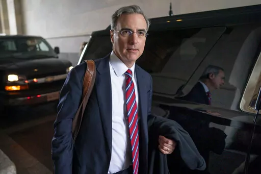 White House counsel Pat Cipollone departs the U.S. Capitol following defense arguments in the impeachment trial of President Donald Trump on charges of abuse of power and obstruction of Congress, in Washington, Saturday, Jan. 25, 2020. The House committee investigating the Jan. 6 insurrection has issued a subpoena to Cipollone.  (AP Photo/J. Scott Applewhite, File)