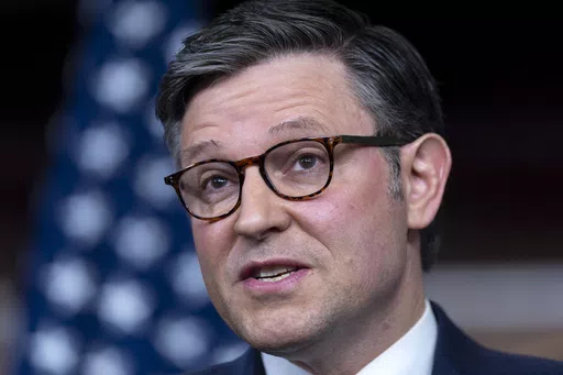 Speaker of the House Mike Johnson, R-La., speaks at a news conference amid threats that Rep. Marjorie Taylor Greene, R-Ga., a staunch ally of former President Donald Trump, is threatening to oust Johnson from his leadership post, at the Capitol in Washington, Tuesday, May 7, 2024. (AP Photo/J. Scott Applewhite)
