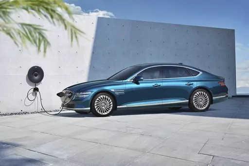 This photo provided by Hyundai shows the 2023 Genesis G80 Electrified, a midsize luxury sedan with an EPA-estimated range of 282 miles. (Courtesy of Hyundai Motor America via AP)