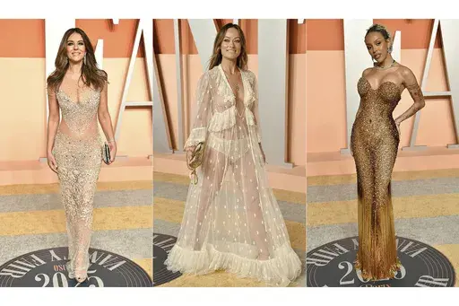 This combination of photos shows Elizabeth Hurley, from left, Olivia Wilde and Doja Cat at the Vanity Fair Oscar Party in Beverly Hills, Calif., on Sunday, March 2, 2025. (Photos by Evan Agostini/Invision/AP)