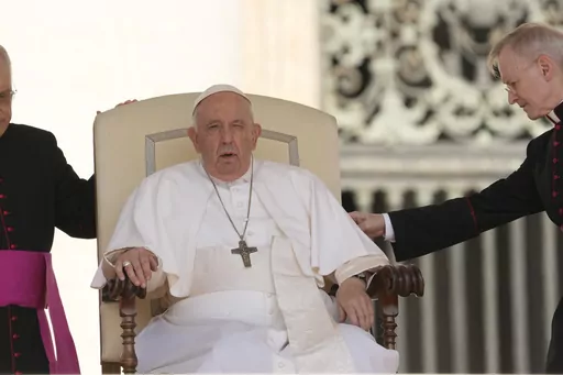 Pope Francis attends his weekly general audience in St. Peter's Square at The Vatican, Wednesday, June 7, 2023. During the period between the end of one pontificate and the election of a new pope the camerlengo, or chamberlain, runs the administration and finances of the Holy See, but under canon law Pope Francis was still pope, fully in charge of running the Vatican and the 1.3-billion-strong Catholic Church, even while unconscious and undergoing surgery Wednesday, June 7, 2023, to repair a her