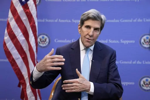 U.S. Special Presidential Envoy for Climate John Kerry speaks during an interview with The Associated Press at the U.S. Consulate General after the G-7 ministers' meeting on climate, energy and environment in Sapporo, northern Japan, Sunday, April 16, 2023. So much has been invested in clean energy that there can be no rolling back of moves to end carbon emissions, though much more needs to be done much faster to prevent the worst impacts of climate change, U.S. Presidential Envoy John Kerry sai