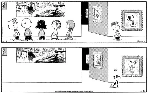 This combination of photos shows a “Peanuts” cartoon by  Charles M. Schulz in 1999 showing kids at a museum with one off on the side, gazing at a painting of the dog Earl from “Mutts," top, and an upcoming "Mutts" cartoon by Patrick McDonnell showing Earl at the museum fondly looking at a framed image of Snoopy. More than 75 syndicated cartoonists have tucked tributes, Easter eggs and references to “Peanuts” in Nov. 26/Saturday's funny papers to honor the creator of Charlie Brown, Snoo