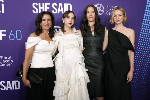 Jodi Kantor, from left, Zoe Kazan, Megan Twohey and Carey Mulligan attend the premiere of "She Said" at Alice Tully Hall during the 60th New York Film Festival on Thursday, Oct. 13, 2022, in New York. (Photo by Charles Sykes/Invision/AP)