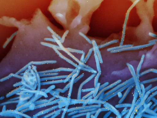 This electron microscope image provided by the National Institutes of Health shows human respiratory syncytial virus (RSV) virions, colorized blue, and anti-RSV F protein/gold antibodies, colorized yellow, shedding from the surface of human lung cells. Advisers to the Food and Drug Administration on Thursday, May 18, 2023 debated a first-of-its-kind RSV vaccine to protect newborns by immunizing their moms late in pregnancy. (National Institute of Allergy and Infectious Diseases, NIH via AP)