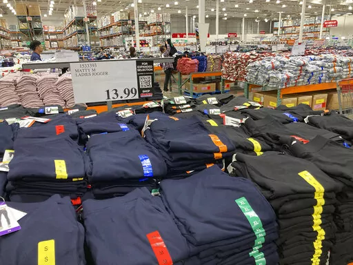 Clothing sits on tables for shoppers in a Costco warehouse Monday, Aug. 29, 2022, in Sheridan, Colo. The Federal Reserve is expected to raise its key short-term rate by a substantial three-quarters of a point for the third consecutive time Wednesday, Sept. 21. The goal is to slow consumer spending, reducing demand for homes, cars and other goods and services, eventually cooling the economy and lowering prices. (AP Photo/David Zalubowski)