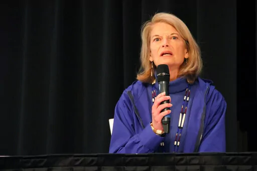 U.S. Sen. Lisa Murkowski, a Republican seeking re-election, answers a question during a candidate forum, Saturday, Oct. 22, 2022, in Anchorage, Alaska. She faces Republican Kelly Tshibaka and Democrat Pat Chesbro in the Nov. 8, 2022, election. (AP Photo/Mark Thiessen)