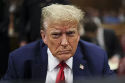 Former President Donald Trump sits in Manhattan criminal court, Monday, May 6, 2024 in New York. (Brendan McDermid/Pool Photo via AP)