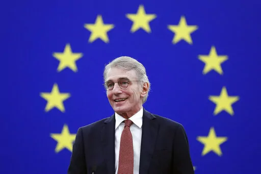 European Parliament President David Sassoli delivers a speech during the Award of the Sakharov Prize ceremony at the European Parliament in Strasbourg, eastern France on Dec. 15, 2021. David Sassoli, the Italian journalist who worked his way up in politics and became president of the European Union's parliament, died at a hospital in Italy early Tuesday, Jan. 11, 2022, his spokesperson said. (Julien Warnand/Pool Photo via AP, File)