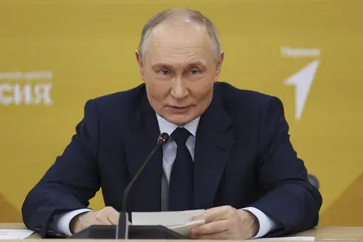 Russian President Vladimir Putin speaks during a meeting of the supervisory board of the Movement of the First, Russian public-and-state children and youth organisation, at the Russia National Centre in Moscow, Russia, Wednesday, March 26, 2025. (Vyacheslav Prokofyev, Sputnik, Kremlin Pool Photo via AP)