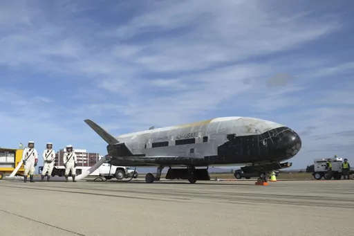 This undated photo provided by the U.S. Air Force shows an X-37B Orbital Test Vehicle at NASA's Kennedy Space Center in Florida. The U.S. military's X-37B space plane blasted off on Thursday, Dec. 28, 2023, on another secretive mission that’s expected to last at least a couple of years.(U.S. Air Force via AP, File)