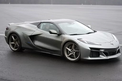 The 2024 Corvette E Ray is displayed, Thursday, Jan. 12, 2023, in Milford Mich. The fastest corvette ever made comes out next year, and it's not powered soley by the traditional howling V8. The E Ray is a gas electric hybrid, the first all wheel drive version of the storied sports car with the front wheels running on a battery. Aimed at affluent buyers who want new technology in the top-line Chevrolet sports car, the $104,000 E Ray jerks your head back as it goes from zero to 60 mph in 2.5 secon