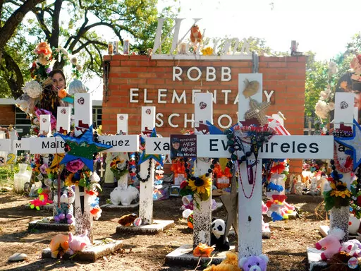 A memorial for the 19 children and two teachers killed in the May shooting sits outside of Robb Elementary on the first day of early voting, Monday, Oct. 24, 2022, in Uvalde, Texas.  The Uvalde school massacre has cast a long shadow in the midterm elections in Texas, intensifying Republican Gov. Greg Abbott’s reelection fight against Democrat Beto O’Rourke and driving a blitz of television ads. (AP Photo/Acacia Coronado)