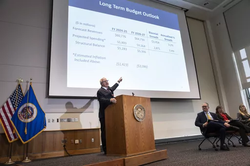 Minnesota Gov. Tim Walz speaks at a news conference on the Minnesota economic and budget forecast in St. Paul, Minn., Monday, Feb. 27, 2023. Almost every U.S. state has cut taxes in some way in the past three years. But that trend may be slowing as many states head into their 2024 legislative sessions with lagging tax revenues. (Renée Jones Schneider/Star Tribune via AP, FILE)