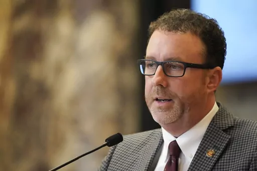 Mississippi Sen. David Parker, R-Olive Branch, speaks during a debate at the state Capitol, Feb. 7, 2023, in Jackson, Miss. For the second year in a row, the Mississippi Senate has passed a bill that would transfer control of the state capital's troubled water system to a regional board. Parker introduced a slightly modified version of the bill after it died in the House last session. (AP Photo/Rogelio V. Solis, File)