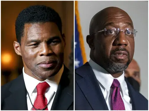 This combination of two separate photos shows Herschel Walker in Atlanta, May 24, 2022, left, and Sen. Raphael Warnock, D-Ga., in Washington, Jan. 18, 2022, right. Walker will represent the Republican Party in its efforts to unseat Warnock in the November 2022 election. (AP Photo)