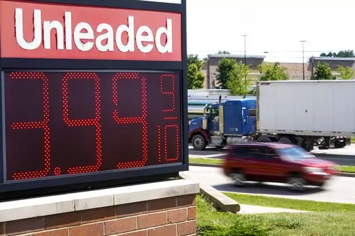 The price of regular unleaded gas is advertised for just under $4 a gallon at a Woodman's, Wednesday, July 20, 2022, in Menomonie Falls, Wis. Falling gas prices gave Americans a slight break from the pain of high inflation last month, though the surge in overall prices slowed only modestly from the four-decade high it reached in June. (AP Photo/Morry Gash, File)