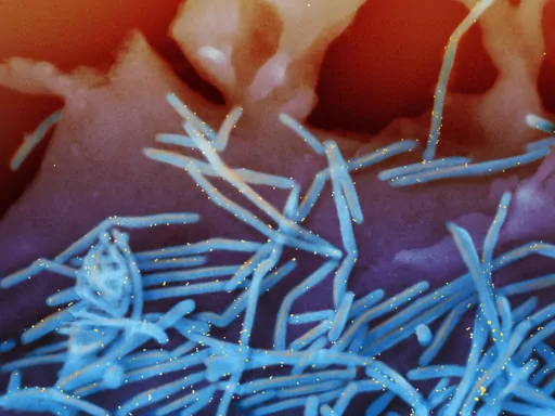 This electron microscope image provided by the National Institutes of Health shows human respiratory syncytial virus (RSV) virions, colorized blue, and anti-RSV F protein/gold antibodies, colorized yellow, shedding from the surface of human lung cells. The U.S. approved the first vaccine for RSV on Wednesday, May 3, 2023 shots to protect older adults against a respiratory virus that’s most notorious for attacking babies but endangers their grandparents, too. (National Institute of Allergy and 