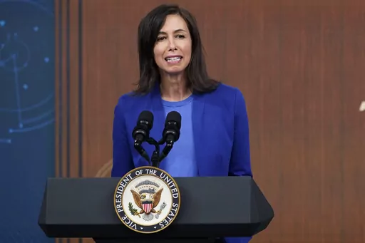 Federal Communications Commission Chairwoman Jessica Rosenworcel speaks from the South Court Auditorium on the White House complex in Washington, Monday, Feb. 14, 2022. The top U.S. telecommunications regulator is asking automakers how they plan to protect people from being stalked or harassed by partners who have access to vehicle location and other data. In a letter sent Thursday, Jan. 11, 2024, to nine large automakers, Rosenworcel asks for details about connected car systems and plans to sup