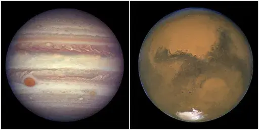 This combination image, created from two photos provided by NASA, shows Jupiter pictured on April 3, 2017, left, and Mars pictured on Aug. 26, 2003, right. (NASA via AP)