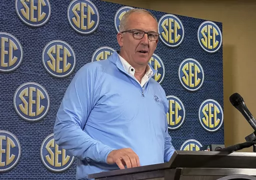 Southeastern Conference Commissioner Greg Sankey speaks to reporters during the conference's spring meetings, Tuesday, May 30, 2023, in Destin, Fla. (AP Photo/Ralph Russo)