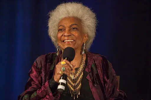 Actor Nichelle Nichols speaks during the Creation Entertainment's Official Star Trek Convention at The Westin O'Hare in Rosemont, Ill., Sunday, June 8, 2014. Nichols, who gained fame as Lt. Ntoya Uhura on the original "Star Trek" television series, died Saturday, July 30, 2022, her family said. She was 89. (Photo by Barry Brecheisen/Invision/AP, File)