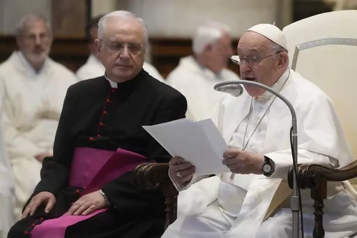Pope Francis meets with pilgrims from Concesio and Sotto il Monte on the 60th anniversary of the death of Pope John XXIII and the election of Paul VI in St. Peter's Basilica at the Vatican, Saturday, June 3, 2023. Pope Francis warned the Vatican's missionary fundraisers on Saturday to not allow financial corruption to creep into their work, insisting that spirituality and spreading the Gospel must drive their operations, not mere entrepreneurship. (AP Photo/Gregorio Borgia)