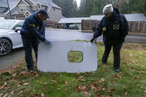 This photo released by the National Transportation Safety Board shows the door plug from Alaska Airlines Flight 1282 on Jan. 8, 2024, in Portland, Ore. Investigators say bolts that helped secure the panel on the Boeing jetliner were missing before the panel blew off the plane in midflight last month. The National Transportation Safety Board issued a preliminary report Tuesday, Feb. 6 into the Jan. 5 accident. The loss of the panel forced pilots of the Alaska Airlines Boeing 737 Max 9 jet to make