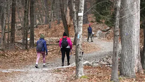 Two hikers head up a trailhead of Great Blue Hill, while one completes her hike from the summit, at the Blue Hills Reservation, Wednesday, Dec. 28, 2022, in Milton, Mass. First Day Hikes, that started in Massachusetts in 1992, have become a nationwide phenomenon. Thousands of people are expected to take part in First Day Hikes at hundreds of state parks in all 50 states this New Year's Day. (AP Photo/Charles Krupa)