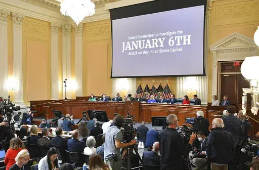 The House select committee investigating the Jan. 6 attack on the U.S. Capitol holds its first public hearing to reveal the findings of a year-long investigation, on Capitol Hill in Washington, June 9, 2022. The centerpiece of Thursday night’s hearing was a video reconstruction of the attack on the Capitol. (Mandel Ngan/Pool via AP, File)