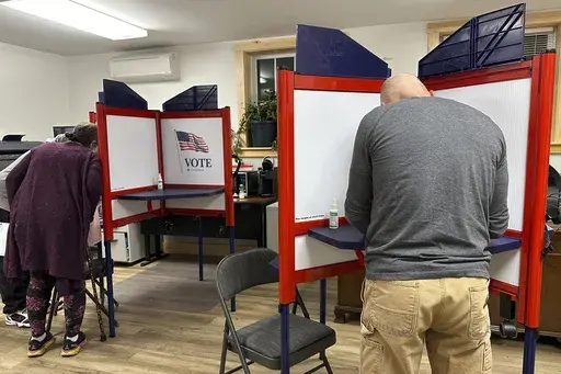 Voters fill out ballots in the municipal offices in Cabot, Vt., on Election Day, Nov. 5, 2024. (AP Photo/Lisa Rathke, File)